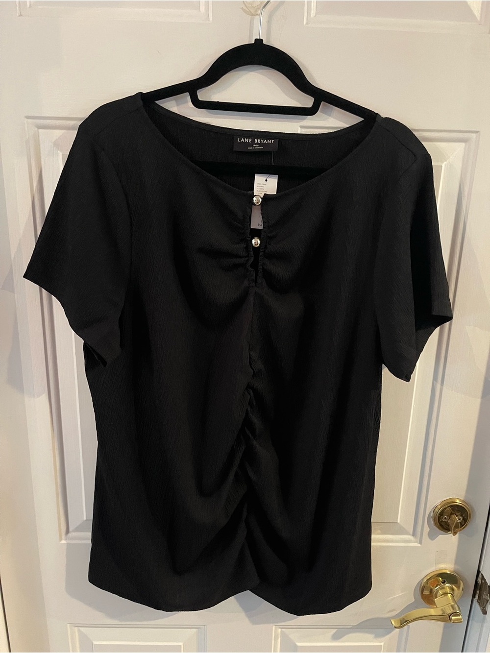 Lane Bryant Black Short Sleeve Ruched Front Blouse with Button Detail NWT